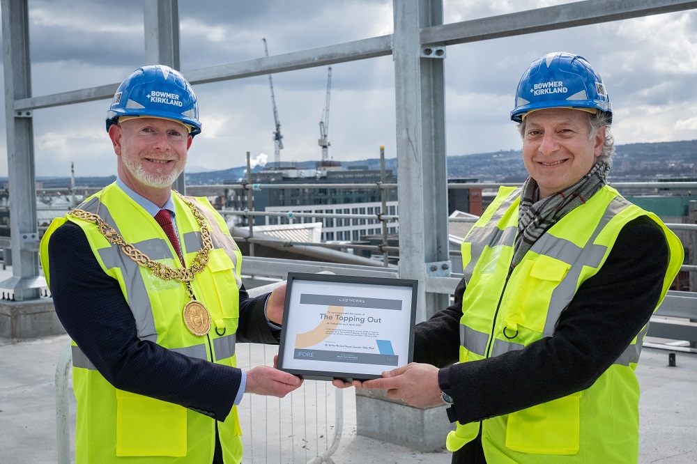 Lord Provost of Glasgow marks topping out of Cadworks office development